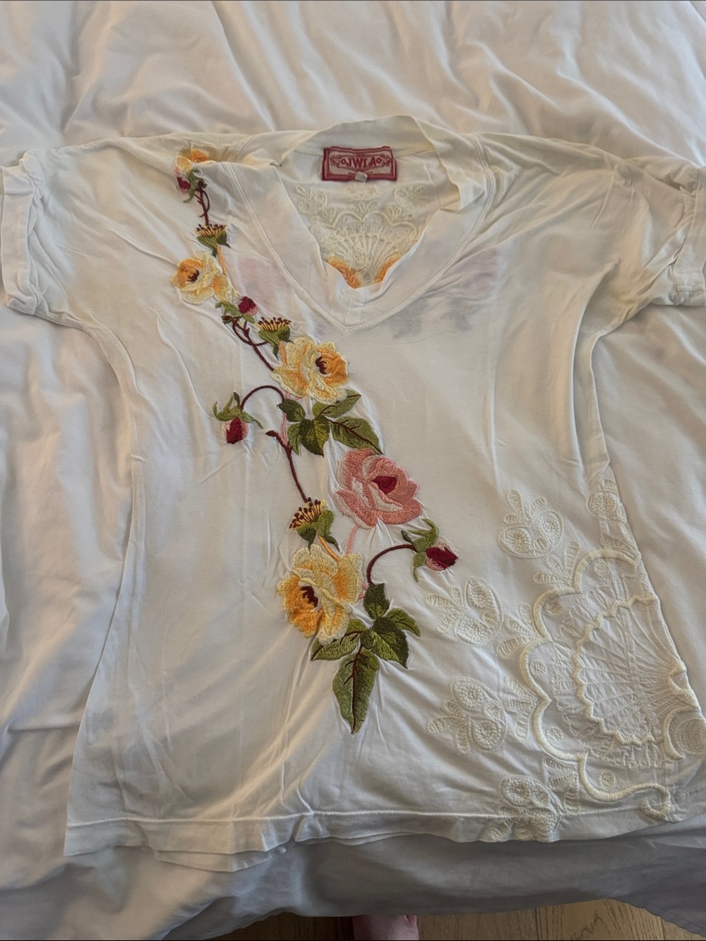 Johnny Was Cream Short-Sleeve V-Neck Tee with Pink and Yellow Floral Embroidery